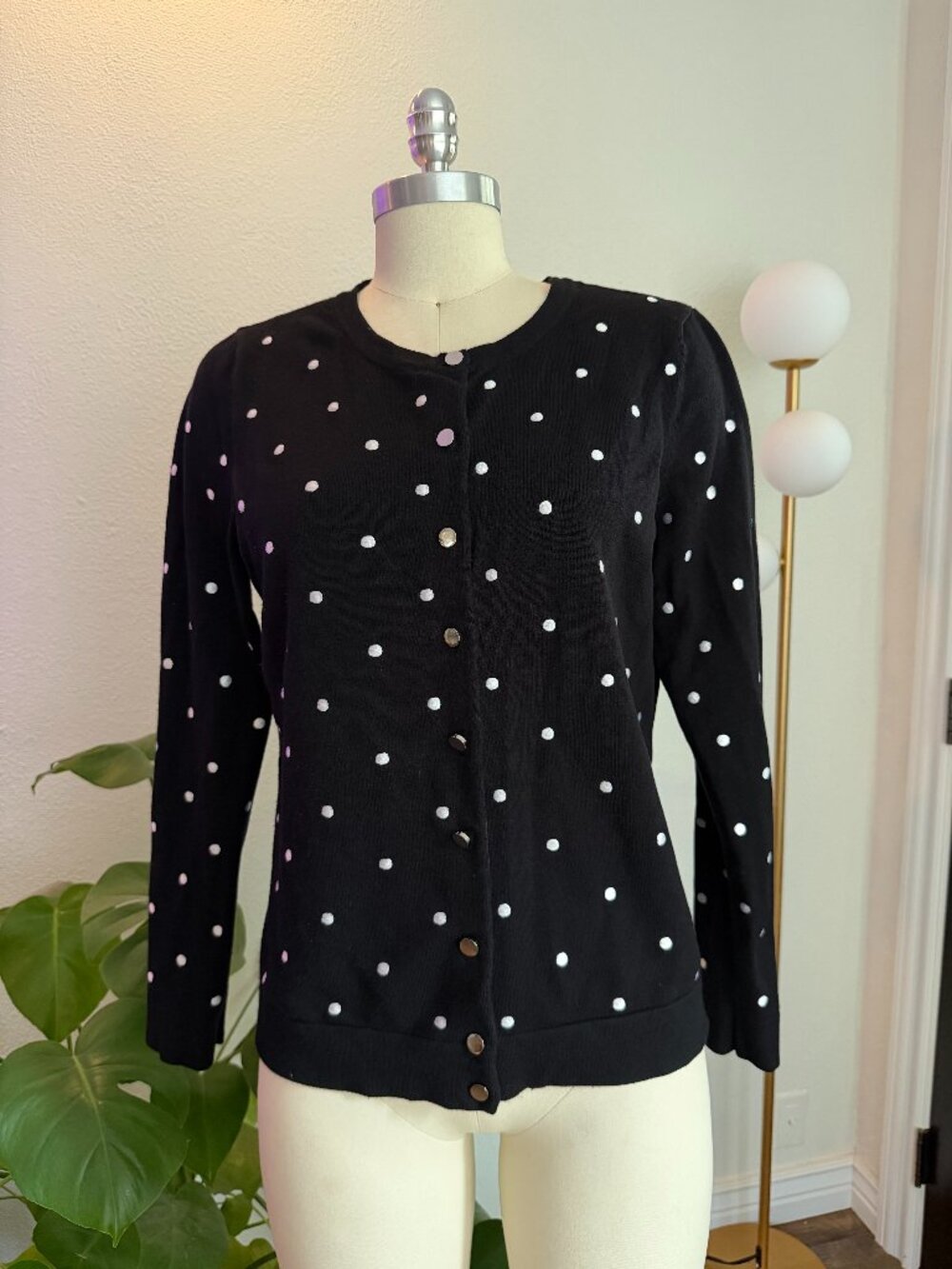 Charter Club Black & White Polka Dot Cardigan Knit Maximalism Eclectic Preppy L